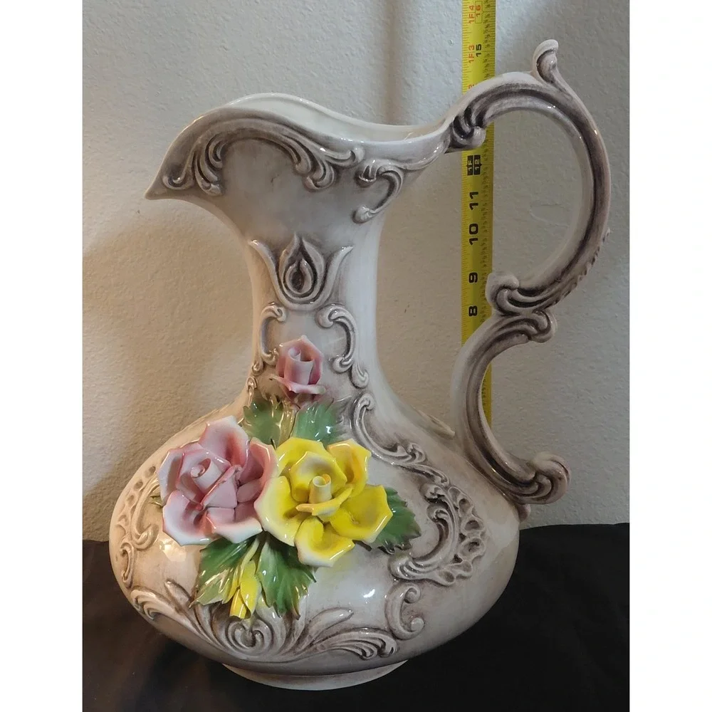 Vintage Capodimonte Italy Porcelain Floral Pitcher Vase Crowned N Rose Large 14